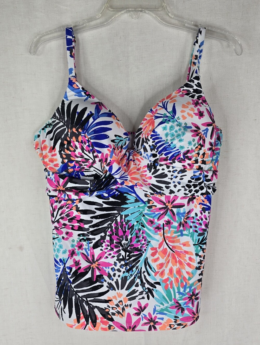 Island Escape Womens 16 Underwire Pink VNeck Tankini Floral Palm Leaves Swim Top